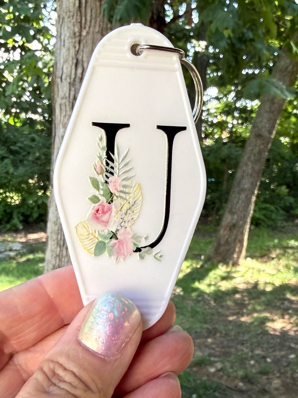 Vintage style motel key 3.5” letter “U“ initial keychain gift idea